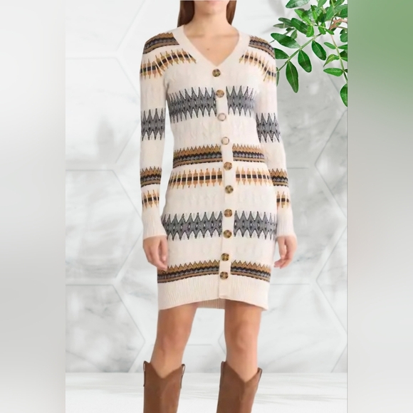 Lucky Brand Dresses & Skirts - Lucky Brand Fair Isle Cardigan Knit Sweater Dress Aztec Geomteric Patterned